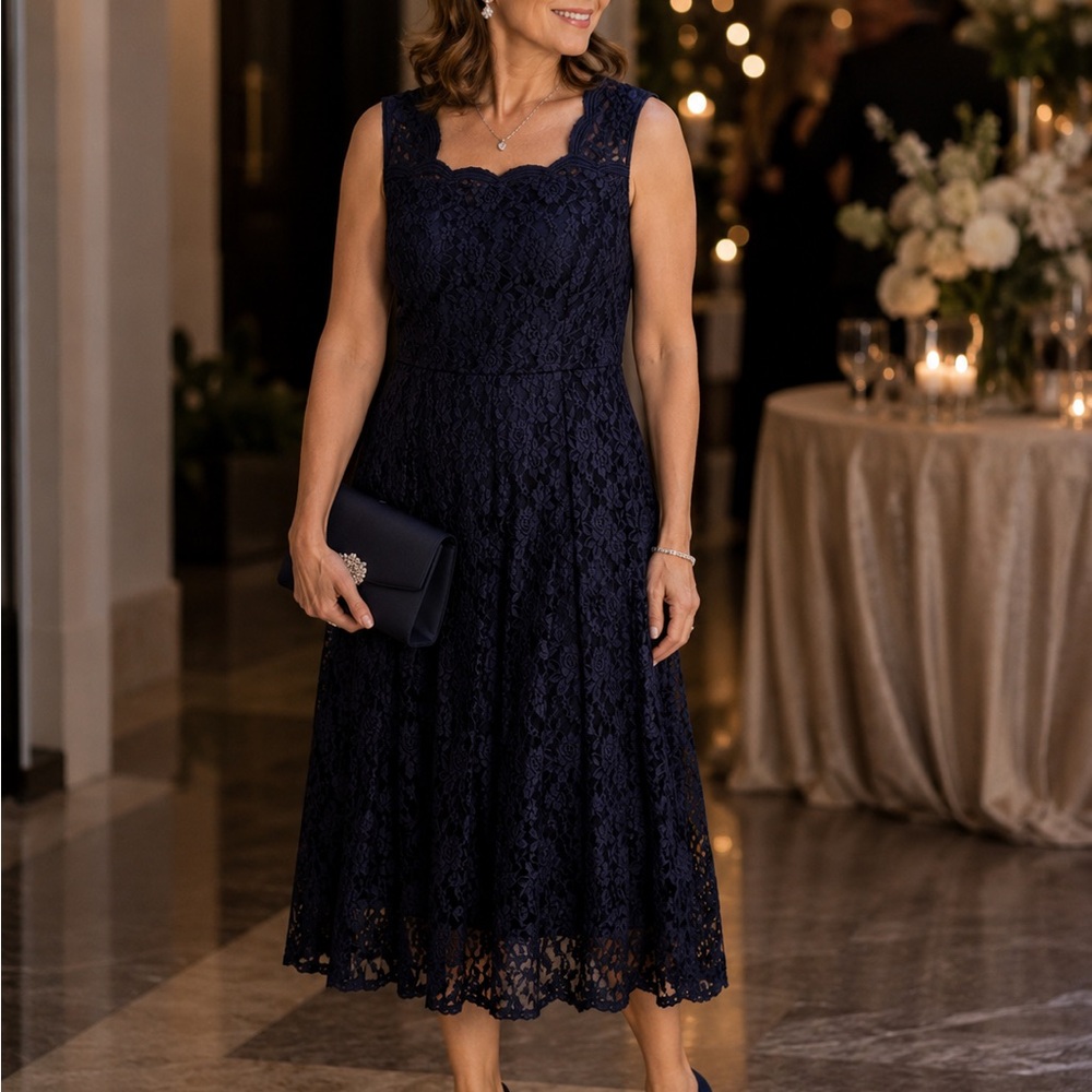 Evening Sleeveless Navy Lace Midi Dress with Scallop Neckline 18